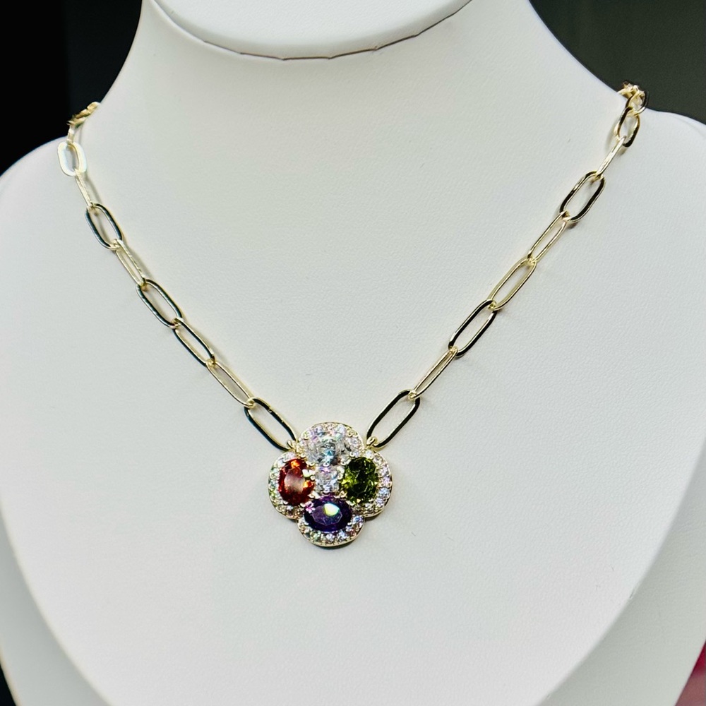 Elegant 14K Gold Plated CZ Multicolor Gemstone Necklace